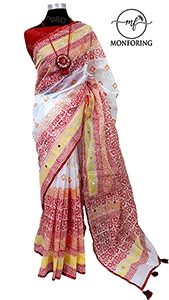 White and Red Block Saree 